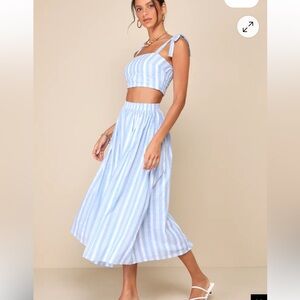 Lulus Cheerful Season Blue Striped Two-piece Midi Dress With Pockets - Size M